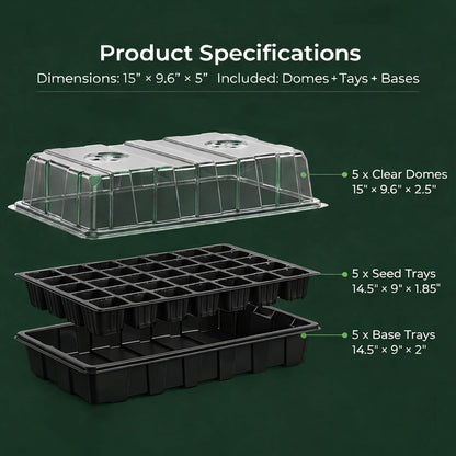 5-Set Garden Propagator Set, Seed Tray Kits with 200-Cell, Seed Starter Tray with Dome and Base 15" X 9" (40-Cell per Tray)