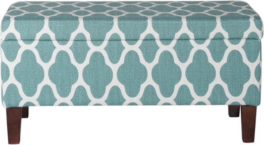 Large Upholstered Rectangular Storage Ottoman Bench with Hinged Lid, Teal Blue Geometric